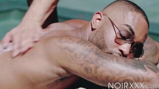 Hot pool cleaner Seth Santoro massages my ripped body before mounting my cock