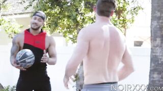 Tall muscled Pierce Paris and Jason Vario grope each others cocks before anal sex