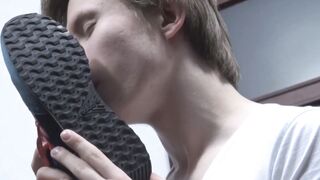 Adorable homo reveres feet before tounge licking them