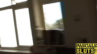 Pig tails slag Liz Rainbow earns facial after power fuck