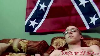 Skinny amateur twink with glasses spanks his cock and cums