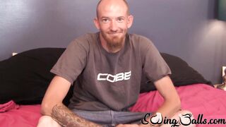 Bald and bearded John causes his tall schlong to expel a good amount of spunk