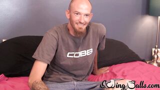 Bald and bearded John causes his tall schlong to expel a good amount of spunk
