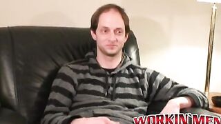 Handsome hunk jerks off his throbbing dick after interview