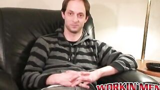 Handsome hunk jerks off his throbbing dick after interview