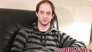 Handsome hunk jerks off his throbbing dick after interview