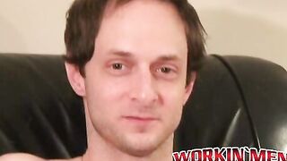 Handsome hunk jerks off his throbbing dick after interview