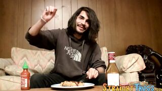Devin Reynolds almost douses his plate with his own special mayonnaise after wanking