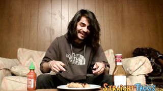 Devin Reynolds almost douses his plate with his own special mayonnaise after wanking