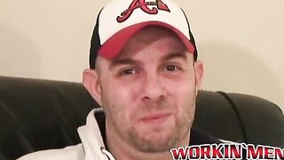Hot jock masturbates his cock and sprays cum after interview