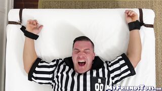Bound mature hunk laughs while he receives tickling torment