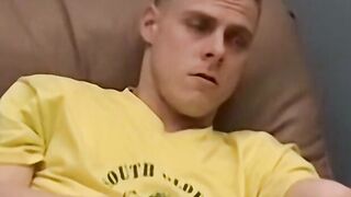 Horny and muscular guy wanks off huge dick until he cums a lot
