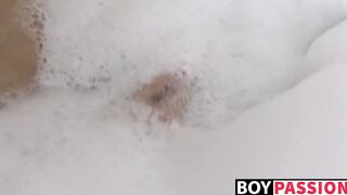 Skinny young gay Roxy stroking his huge dick before cumshot