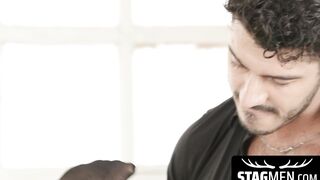 Attractive stud Bastian Karim overcomes two throbbing cocks plowing him