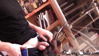 Bearded John Powers secretes milky cum on the table after jacking off