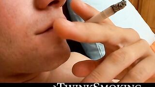 Cocky smoker Bryce Corbin smokes cig while gently stroking his cock