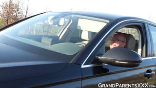 Naughty grandma sucks grandpas huge dick while he is driving