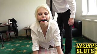 Masochist harlot Skyler Squirt dominated before eating jizz