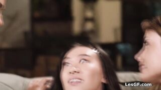 Busty besties scissoring with Asian teen