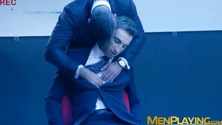 Interviewed classy gay Kayden Gray fucks bearded businessman