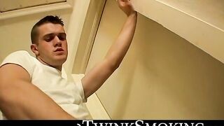 Jock Bryce Corbin oozed cum after blowing smoke and jerking in the hallway