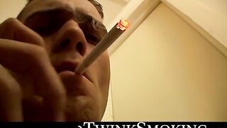 Jock Bryce Corbin oozed cum after blowing smoke and jerking in the hallway