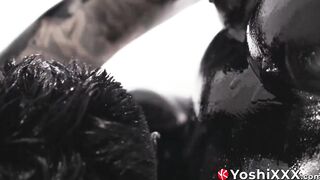 Asian Damian Dragon and Yoshi Kawasaki splatter oily black goo while breeding raw
