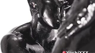 Asian Damian Dragon and Yoshi Kawasaki splatter oily black goo while breeding raw
