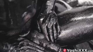 Asian Damian Dragon and Yoshi Kawasaki splatter oily black goo while breeding raw