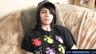 After the interview skinny twink Roxy stuffs her dildo and walks away