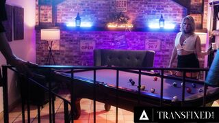TRANSFIXED - Tranny Janie Blade Fucks Stacked Rachael Cavalli On The Pool Table During A Strip Game