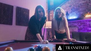 TRANSFIXED - Tranny Janie Blade Fucks Stacked Rachael Cavalli On The Pool Table During A Strip Game