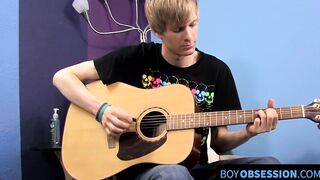 Before dick stroking and cupping a young man plays the guitar