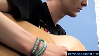 Before dick stroking and cupping a young man plays the guitar
