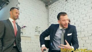 Suit and tie hunk rimms and pounds angry boss for comfort