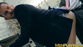 Suit and tie hunk rimms and pounds angry boss for comfort