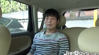 Japanese twink jerks off and cums big loads in the backseat