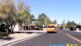Tattooed twink Roxy Red rides hard bus drivers dick bareback