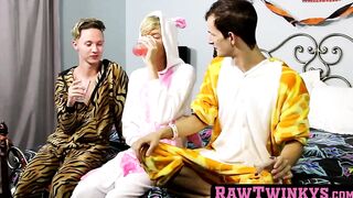 Three physically fit gay twins who never use condoms form a trio