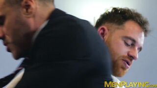 Business daddies barebacking young hunk in hardcore 3way