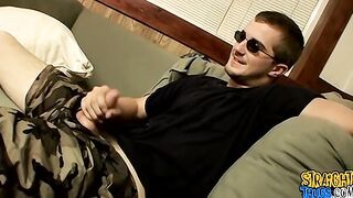 Potter wraps his feet behind his head and sucks his own cock
