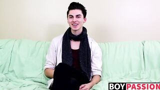 Interview leads to twink masturbating and using a big dildo