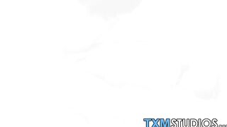 Handcuffed twink with gag ball cums from anal pounding