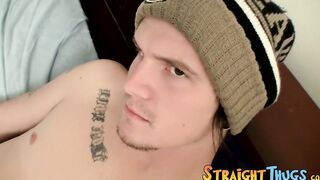 Tattooed jock wanks his hairy dick until he's ready to cum