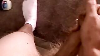 Skinny young amateur wanks off his lubed cock and cum