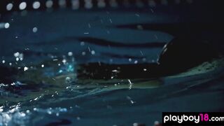 Hot swimmer posing on the starting block