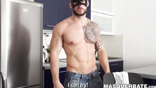 Inked bald hunk David Boss teasing his throbbing cock solo