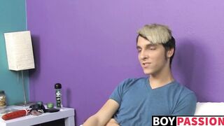 Blonde skinny twink Rany strokes long dick and stuffs dildo