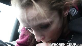 Prostitute sucks dick in a car and rides until a hot facial