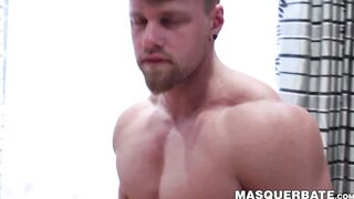 Masked jock Brad has his thick cock jerked with flashlight